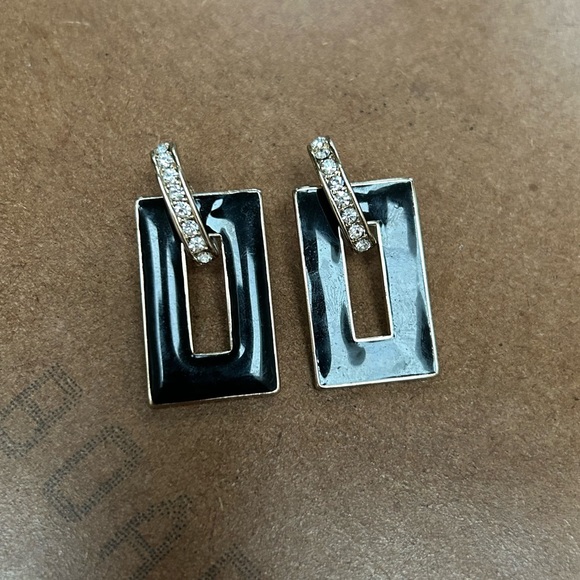 Geometric Black + Gold Tone Rectangle Earrings - Picture 4 of 4